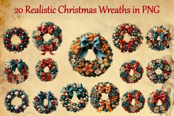 20 Realistic Christmas Wreaths in PNG II: Premium Illustrations for Crafters