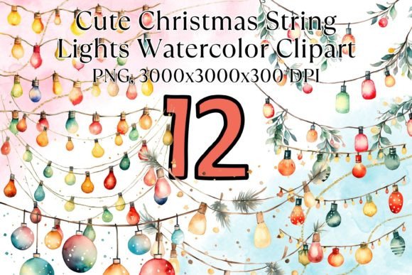 Cute Christmas String Lights Watercolor for Illustrations