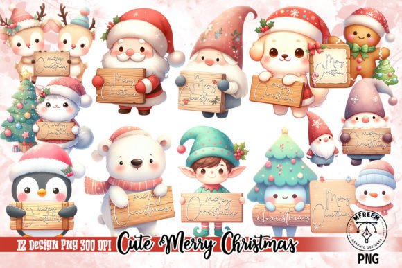 Cute Merry Christmas Watercolor Clipart for Illustrations