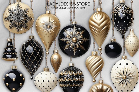 Gold Black and White Christmas Ornaments for Modern Illustrations