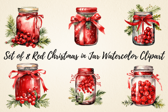 Red Christmas in Jar Watercolor Clipart for Illustrations