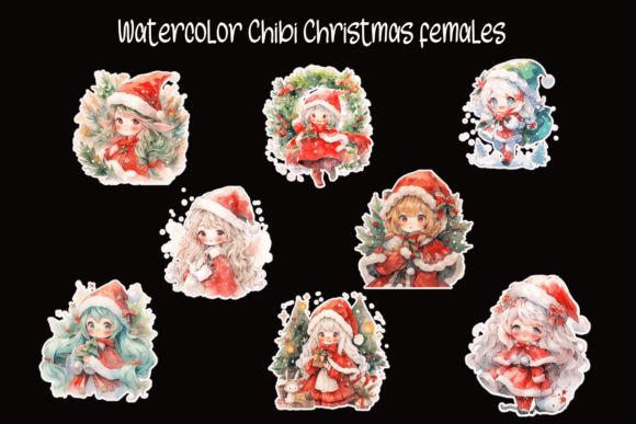 Watercolor Chibi Christmas Females: Festive Illustrations for Branding