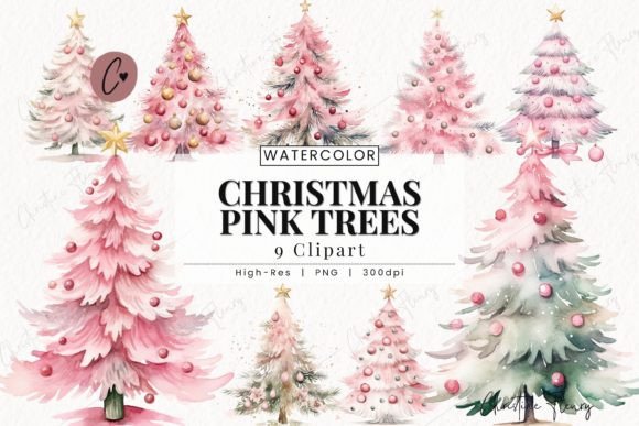 Watercolor Pink Christmas Tree Clipart for Modern Illustrations